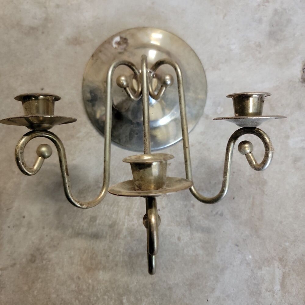 Vintage Brass 3 Arm Wall Candle Sconce Holder Candelabra Hollywood Regency MCM